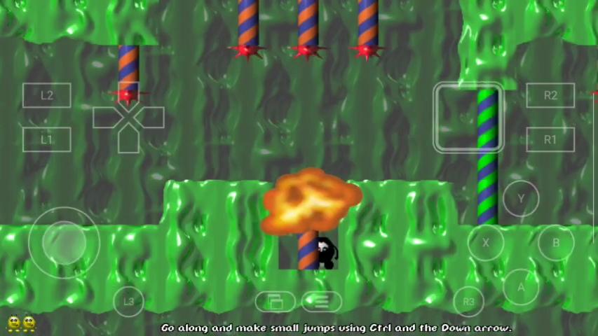 Screenshot from the tutorial level of Speedy Eggbert 2
Shows a green slimy floor with candy cane (orange and blue stripes) poles coming down from the ceiling with red spiky bombs on the end of each one
An explosion is present in the middle next to a charred Eggbert
Text at the bottom reads: "go along and make small jumps using ctrl and down arrow."