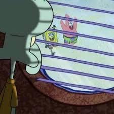 Squidward meme where he's staring out a barred window at SpongeBob and Patrick running around excitedly